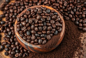 Fototapeta premium Rustic wooden bowl overflowing with dark roasted coffee beans and finely ground coffee, caffeine, coffee shop