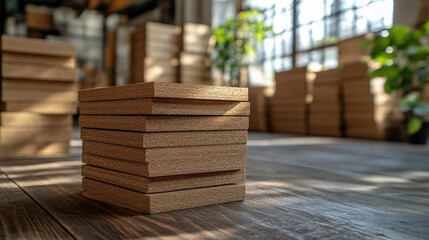 Stacked wooden blocks in a sunlit workshop with greenery and storage in the background