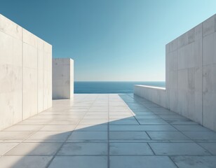 Obraz premium Long rectangular concrete floor, clear blue sky and deep ocean. Tiled terrace, minimalistic stone arrangement with calm, tranquil nature, scenic landscape, open space and horizon.