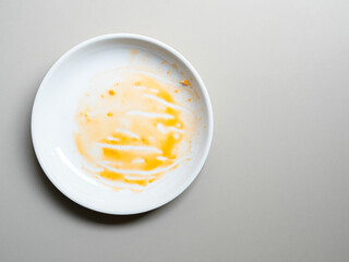 Dirty plate top view background, finished eat dinner in restautant, abstract textuer stain smearing drip sauce bbq jam chilli jelly on ceramic breakfast, concept for clean hyginene product.