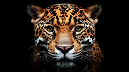 Obraz premium Intense Jaguar Face Gaze on Dark Background, Striking Portrait and Detailed Pattern