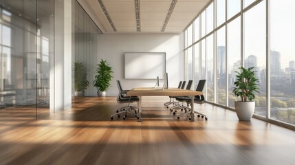 Fototapeta premium modern office conference room with large windows and wooden floo