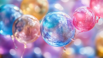 Colorful, iridescent balloons in pastel hues