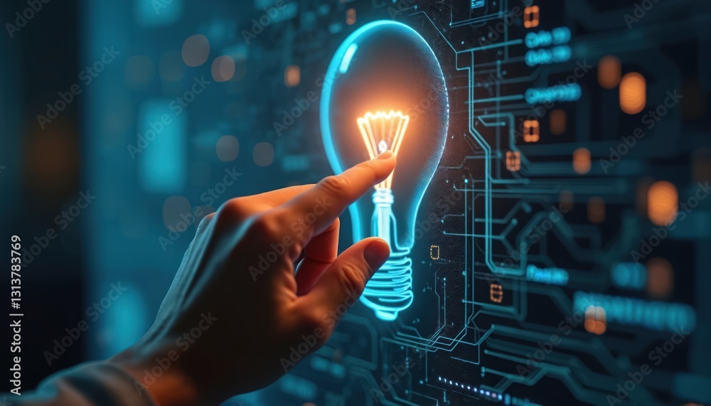 Aufkleber Hand touches light bulb tech on digital interface. Artificial intelligence concept. Digitalization era, innovation, ideas for computing solutions. Online access, touchscreen password protection,