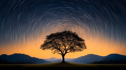 Obraz premium Silhouette of a Tree at Sunset Under a Starry Night Sky