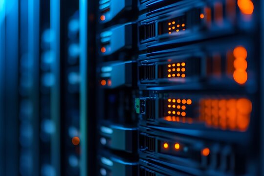 Close-up of illuminated server rack in data center
