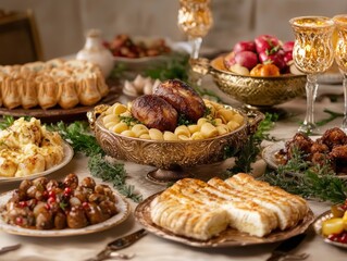 An opulent spread of food on a grand dining table, with intricate and elegant tableware.
