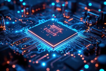 Fototapeta premium A futuristic close-up of a glowing AI processor chip embedded in a high-tech circuit board, illuminated by neon blue lights