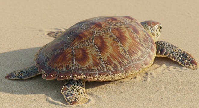 Sea Turtle Walking on Sandy Beach in Sunlight Wildlife Conservation Concept