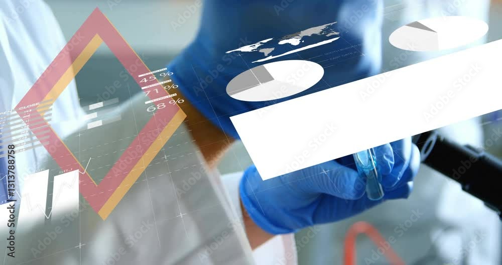 Aufkleber analyzing sample with data charts, scientist using animation in laboratory