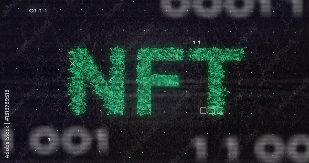 Poster animation of nft text in green digital style over binary code background