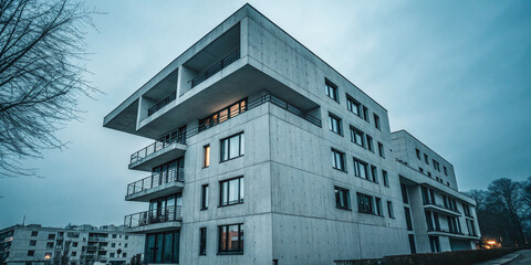 Modern architectural building with a bold geometric design and sharp angles set against a moody sky creating a dramatic visual effect.