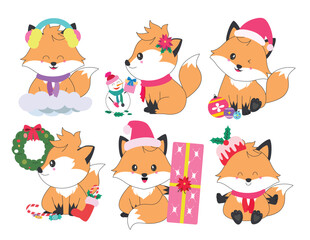 Fox christmas character clipart drawing set. Cute orange fox character flat icon outline collection clip art with xmas decoration elements like lantern, gift and santa hat in happy and friendly smile 