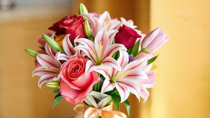 A stunning bouquet of colorful roses, lilies, and tulips tied with a silk ribbon. Vibrant, fresh, and elegant floral arrangement on a softly blurred background, celebrating beauty and joy