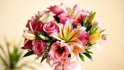 A stunning bouquet of colorful roses, lilies, and tulips tied with a silk ribbon. Vibrant, fresh, and elegant floral arrangement on a softly blurred background, celebrating beauty and joy
