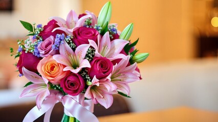 A stunning bouquet of colorful roses, lilies, and tulips tied with a silk ribbon. Vibrant, fresh, and elegant floral arrangement on a softly blurred background, celebrating beauty and joy