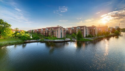 Obraz premium Squatter houses on stilts beside a polluted river, with debris in the water and a dense urban backdrop. Resettlement houses beside the in the Philippines; Riverside slum with polluted waters.
