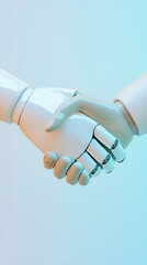 Robotic Partnership: Two hands, one human and one robotic, are clasped together, the smooth, polished surfaces reflecting the cool blue gradient of the background. This image symbolizes collaboration.