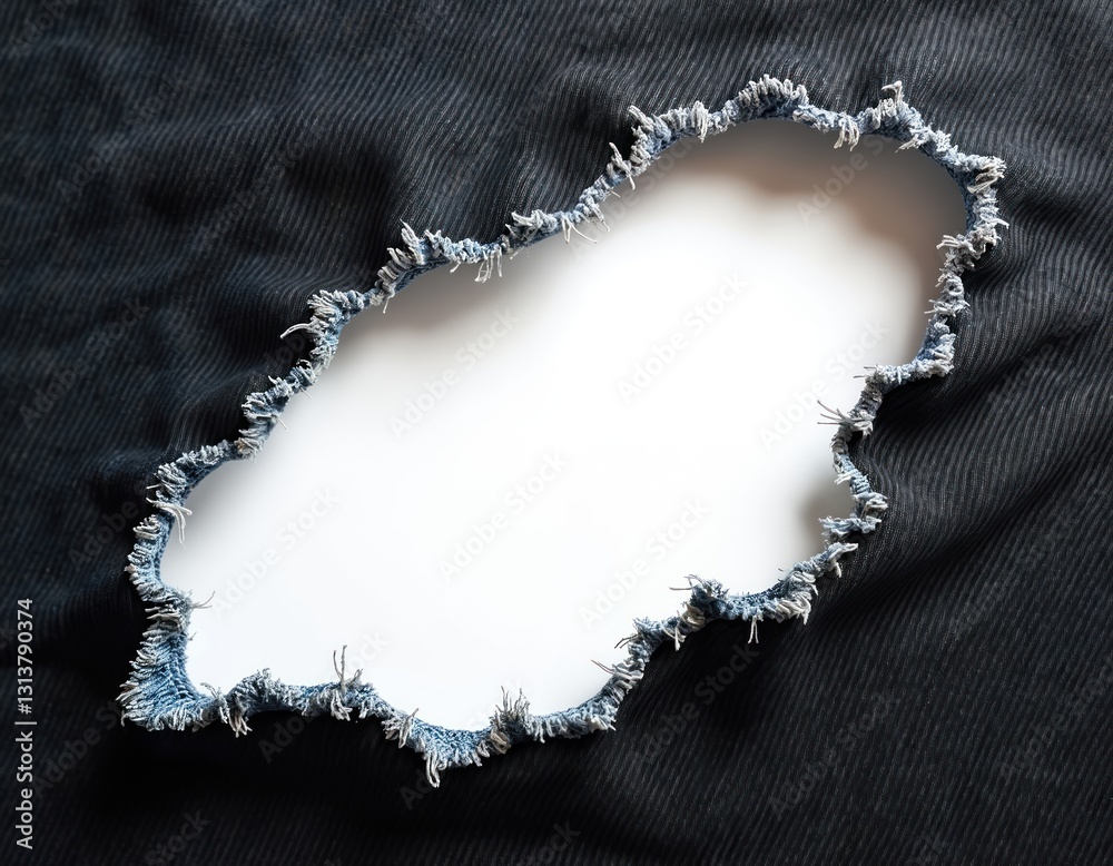 Poster close-up of hole in dark denim jeans on white. torn blue thread canvas texture with empty copy space
