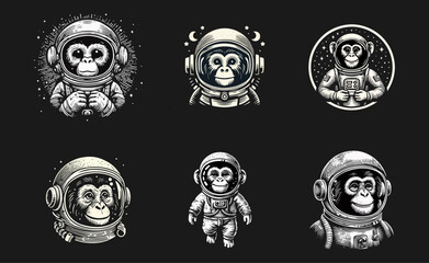 astronaut, chimpanzee, animal, illustration, monkey, isolated, primate, retro, vintage, design, alien, graphic, print, drawn, art, cartoon, hand, comic, cosmos, ape, drawing, engraving, space, engrave