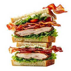 A Classic Club Sandwich with Turkey Bacon Lettuce Tomato Isolated on Transparent Background