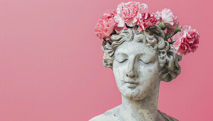 Antique bust of woman with carnations bouquet