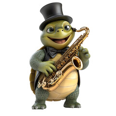 A Cheerful 3D Cartoon Turtle Playing a Saxophone Isolated on Transparent Background