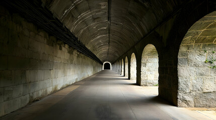 Fototapeta premium Dimly Lit Concrete And Stone Archway Tunnel With A Long Pathway Leading To A Vanishing Point