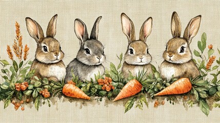Fototapeta premium Cute bunnies with carrots and foliage