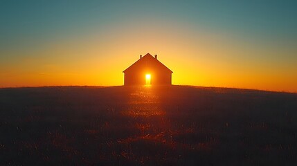 Fototapeta premium Glowing School Building Silhouetted Against Serene Sunset Landscape Symbolizing Education s Enlightenment