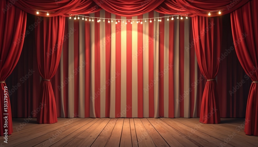 Poster empty wooden stage with red, white striped curtains, string lights. spotlights illuminate floor. per