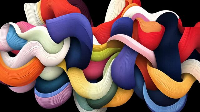 Colorful abstract composition featuring flowing ribbons in various shades and patterns on a black background