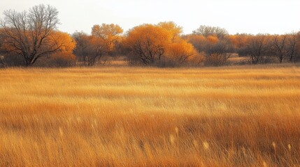 Fototapeta premium Autumn landscape with golden grass and bare trees