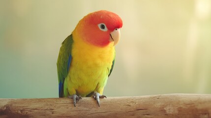 Naklejka premium A vibrant tropical parrot perched on a wooden branch, its colorful feathers bright and vivid, against a simple soft-focus background