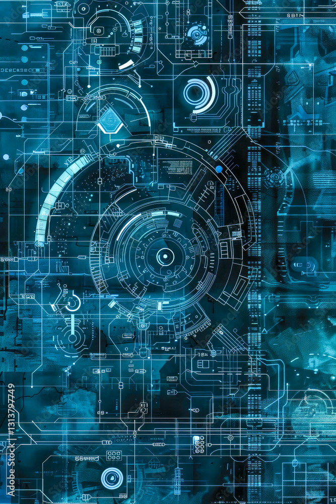 Poster this image showcases a complex, futuristic blueprint representing advanced digital technology and in