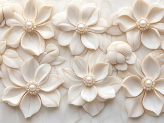 Intricate pearl-adorned carved flowers on marble background; ideal for home decor
