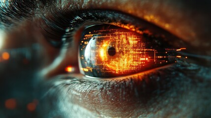 Cybernetic eye with glowing digital interface
