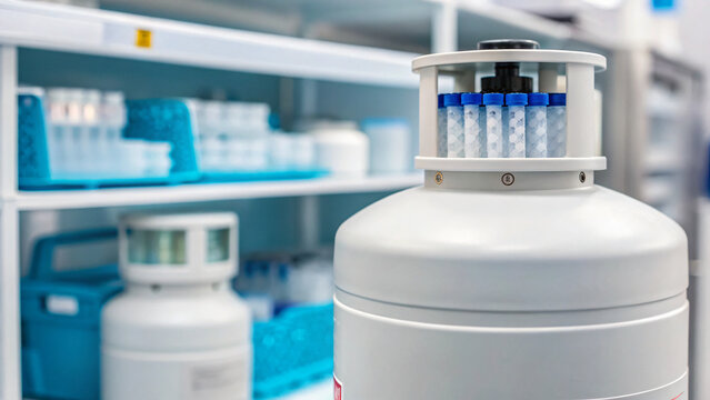 Laboratory cryogenic storage container with test tubes and equipment in background