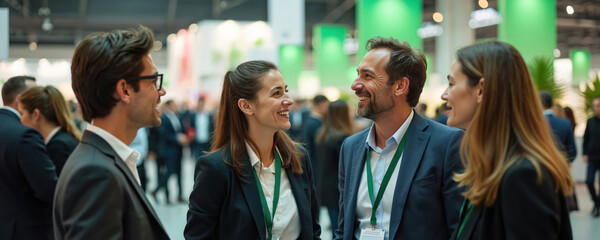 Businesspeople interact at trade fair against backdrop of bright banners. Diverse audience, lively atmosphere. Team negotiate, connect, talk, visit stall, seek opportunity, showcase product,