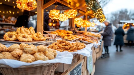 Fototapeta premium Festive food market city center culinary delights winter wonderland street level community celebration