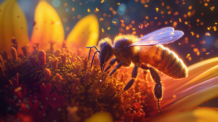 Fototapeta premium a bee on a flower with a blurred background. The bee is in focus while the background is slightly blurred