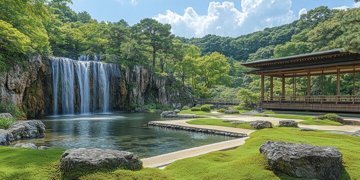 A beautiful garden complements traditional architecture, featuring a calming waterfall and serene pathways that invite reflection and relaxation.