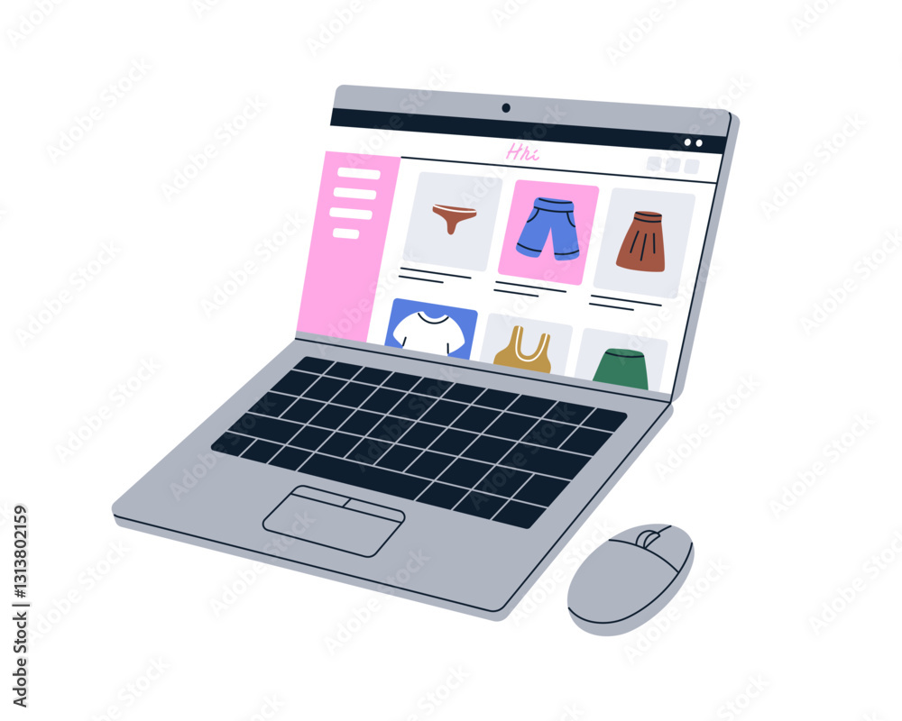 Poster Online marketplace on laptop screen. Digital retail store displaying clothes catalog. E-commerce concept. Internet shop website on computer. Flat vector illustration isolated on white background