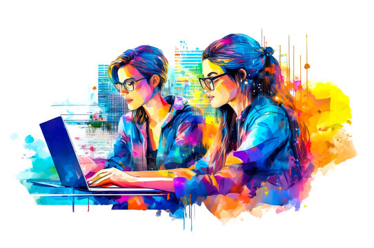 two young women with laptop. concept of Women collaborating as product managers in IT industry