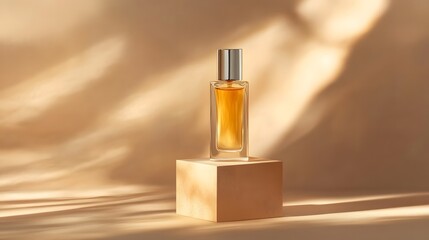 elegant perfume bottle on beige cube