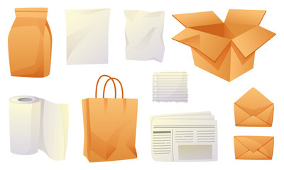 Set of paper products, sorting of paper waste. Sorting and recycling of cardboard boxes, paper bags, newspapers, kraft packaging. Ecology, saving the planet, zero waste, recycling.