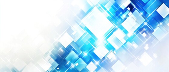 Abstract blue and white geometric background with glowing squares.