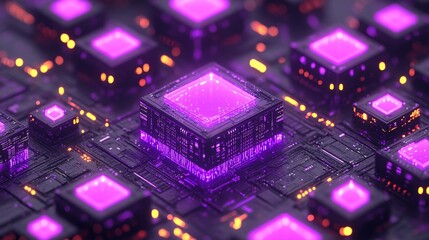 Futuristic computing network illustration purple luminescence interconnected microchips quantum processing for advanced technological backdrop