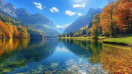 Obraz premium Serene autumn lake with reflective waters and majestic mountain range under clear sky