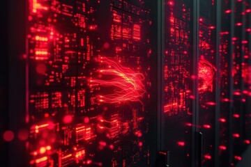 Visual representation of data transfer within a modern server room